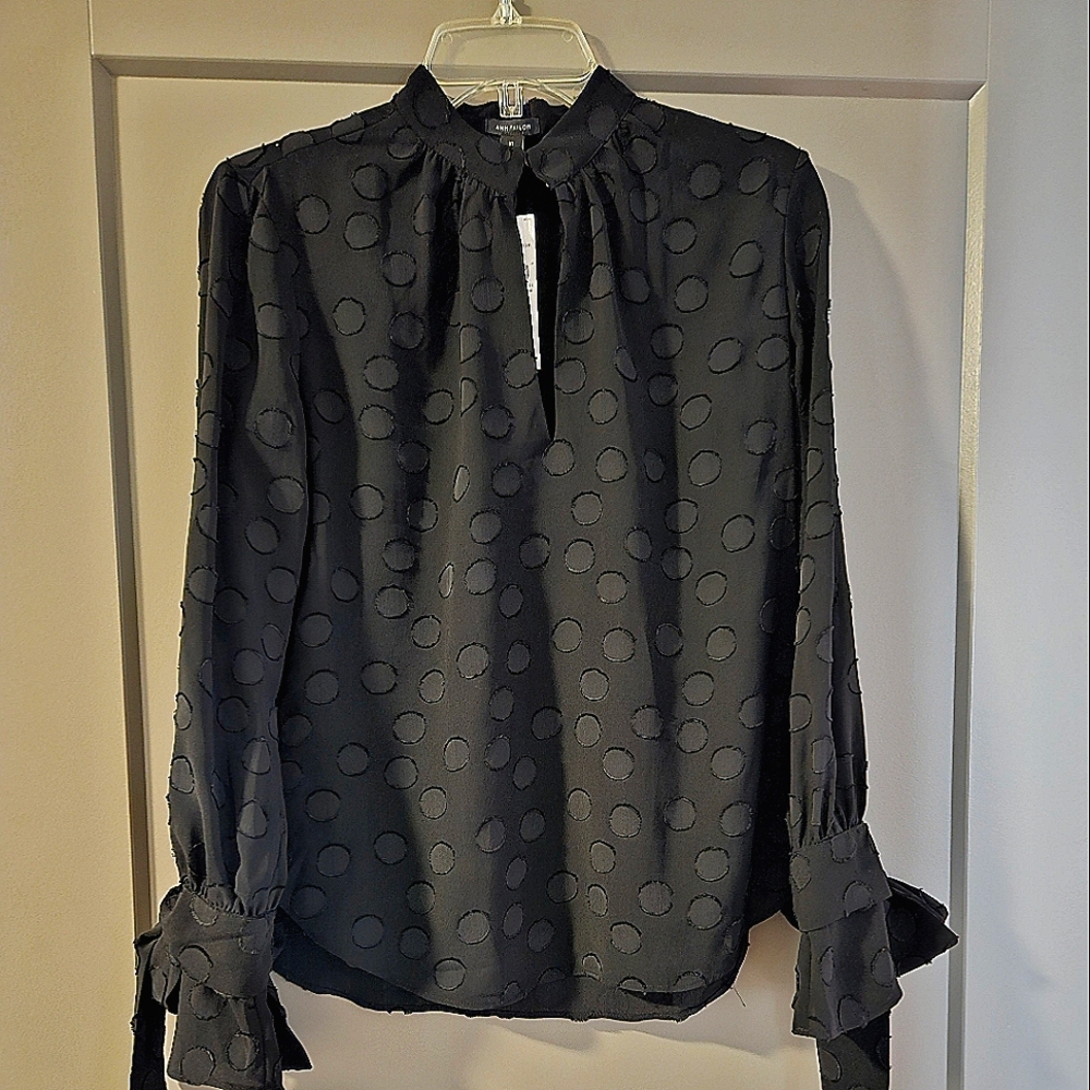 Ann Taylor Black Relaxed Blouse with Tie Front and Long Sleeves